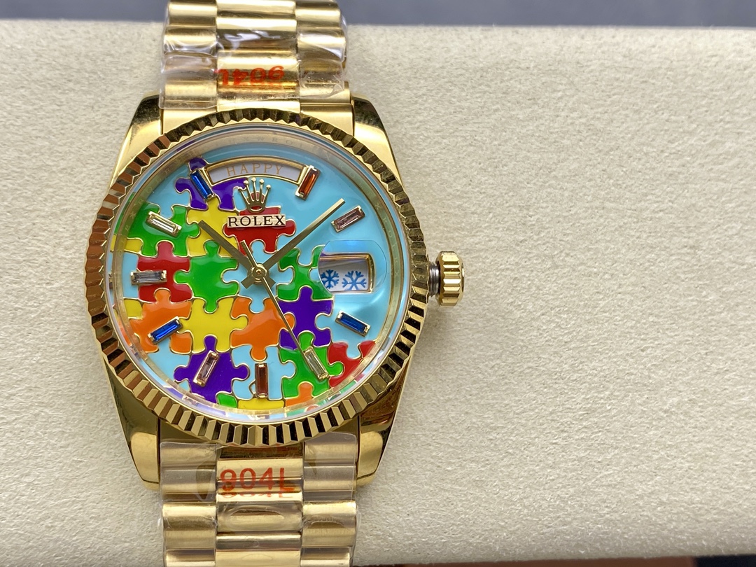 Rolex Day Date 128238-0106 36mm Yellow Gold Fluted Bezel Emoji Puzzle Dial